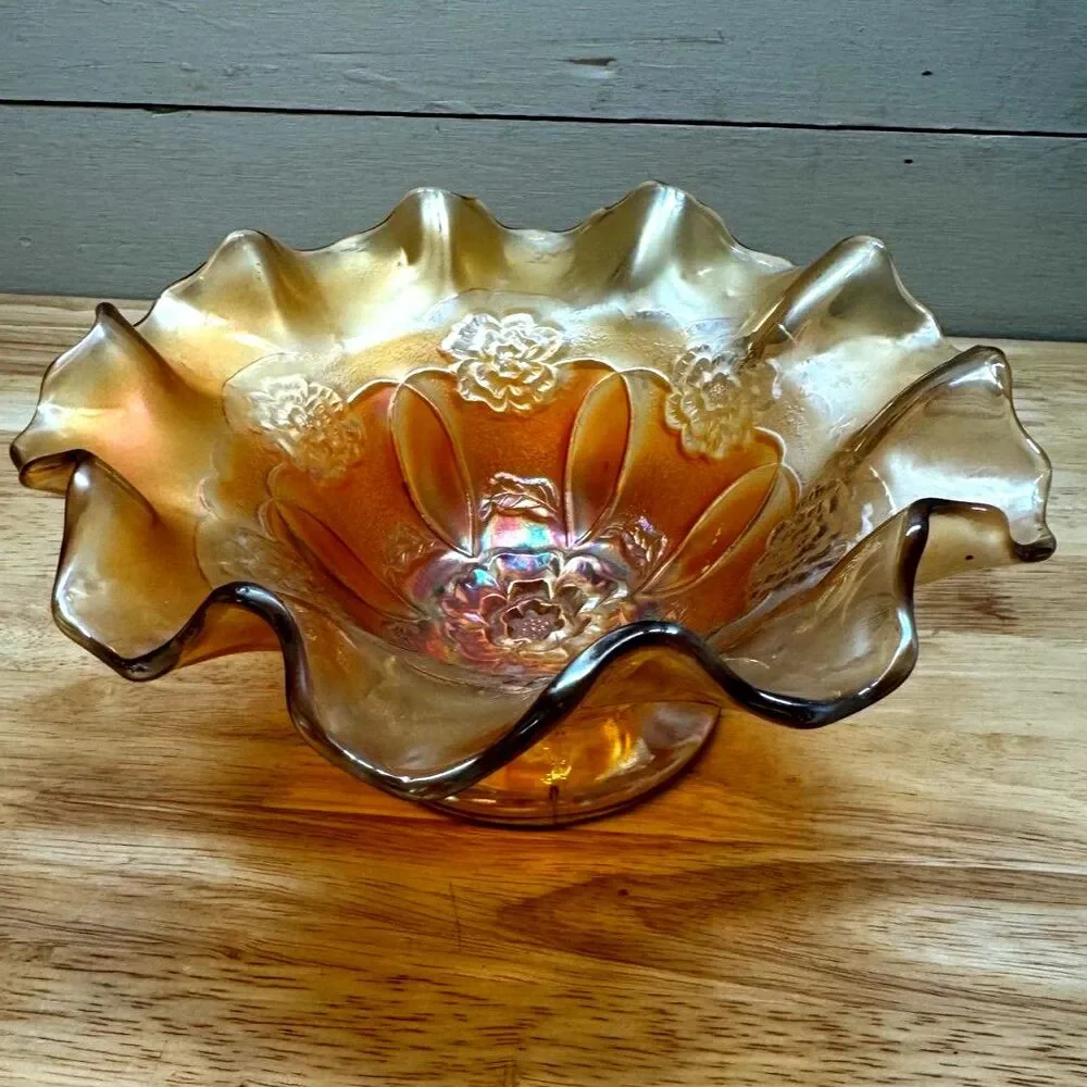 Antique Dugan Carnival Glass Pedestal Bowl in Marigold Double Stem Rose Pattern